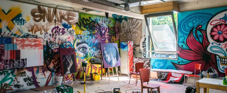 A panoramic shot of an artist studio in which large paintings are displayed against a wall, as well as tables with materials are around